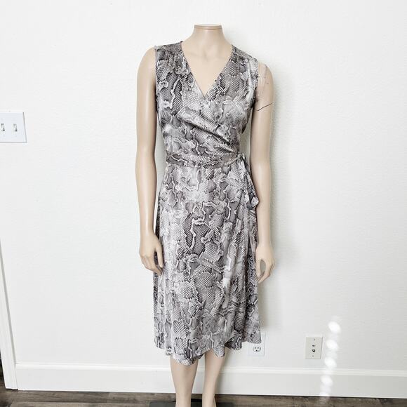 [White House Black Market] Gray Snake Print Hi-Low Satin Wrap Midi Dress Size 4 - Picture 1 of 8